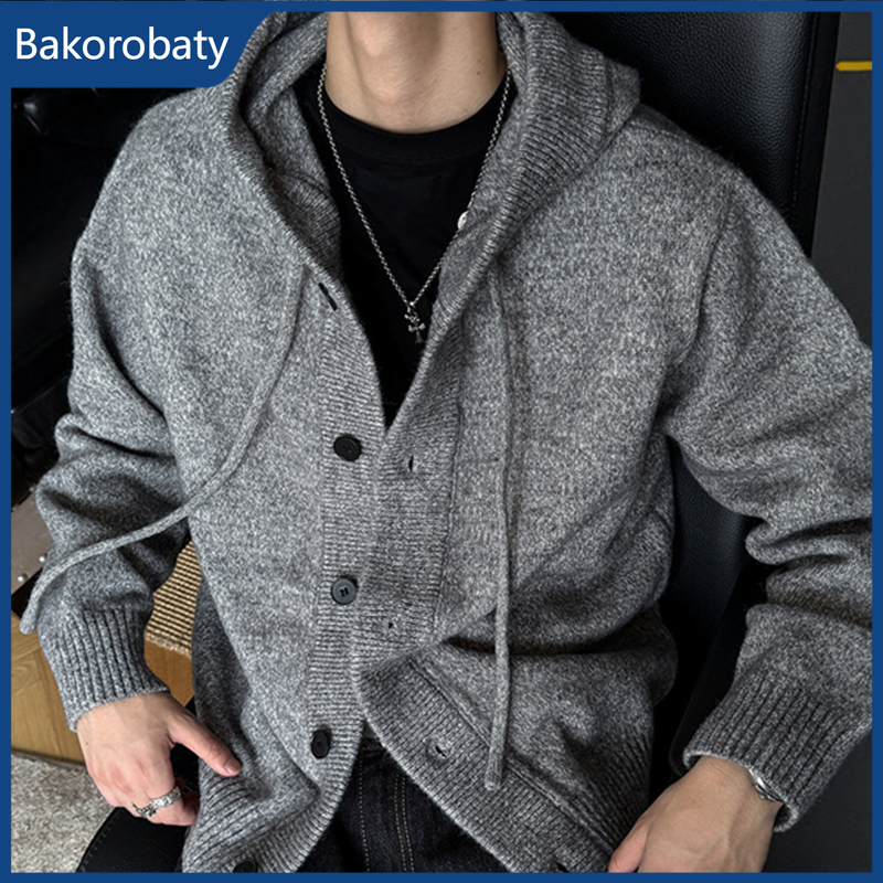 Nouveau cardigan tricoté à capuche décontracté de luxe pour homme, style coréen, ample, boutonné, pull Y2K vintage streetwear, manteau en maille