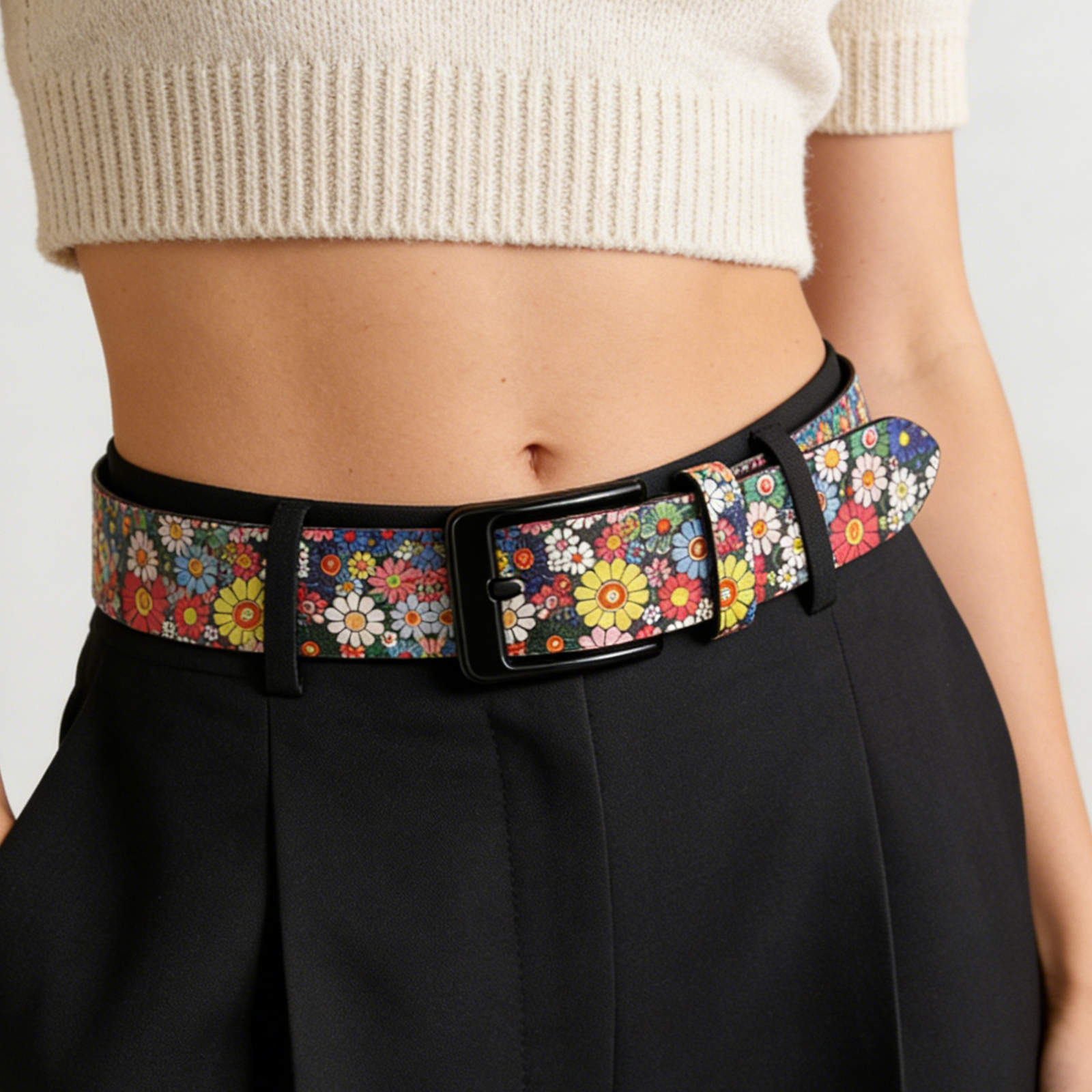 Ceinture ornée de nombreuses fleurs magnifiques – Ceinture imprimée style bohème en cuir avec strass et clous brillants pour jeans et robes