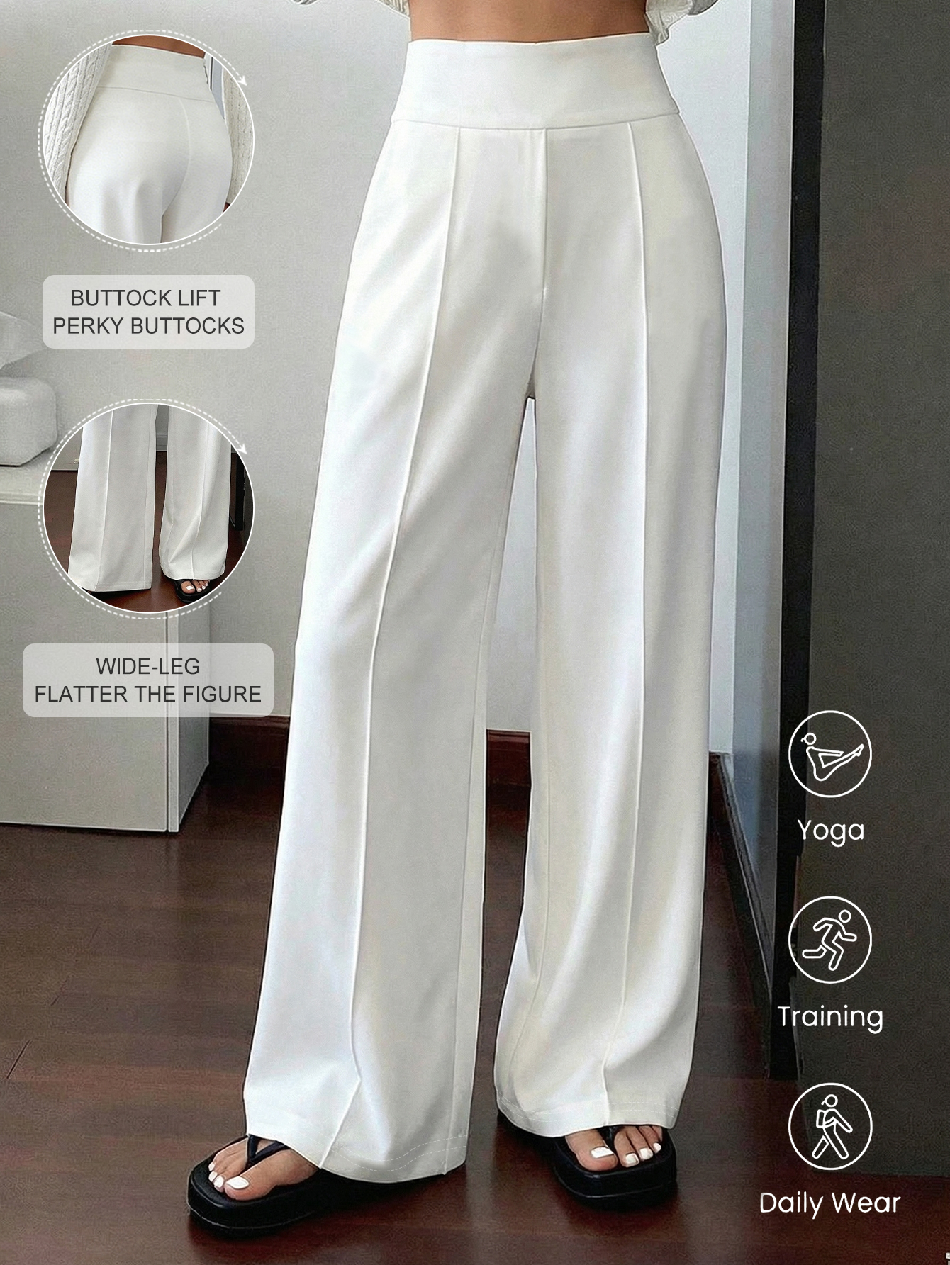 Pantalon ample à jambe droite pour femme, blanc minimaliste, décontracté, long, amincissant, style cargo avec rayures, taille standard, adapté