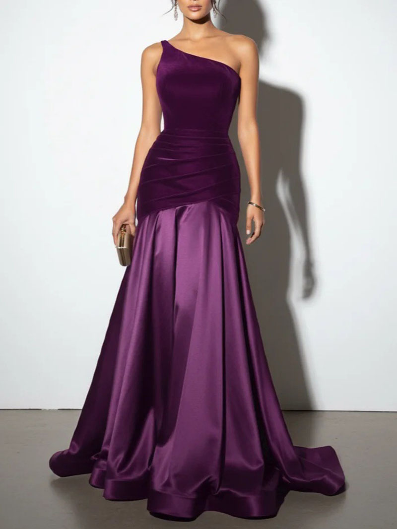 Nouvelle Robe de Soirée Formelle Longue Asymétrique pour Femme, Élégante en Velours Plissé avec Patchwork, Coupe Asymétrique pour Fêtes