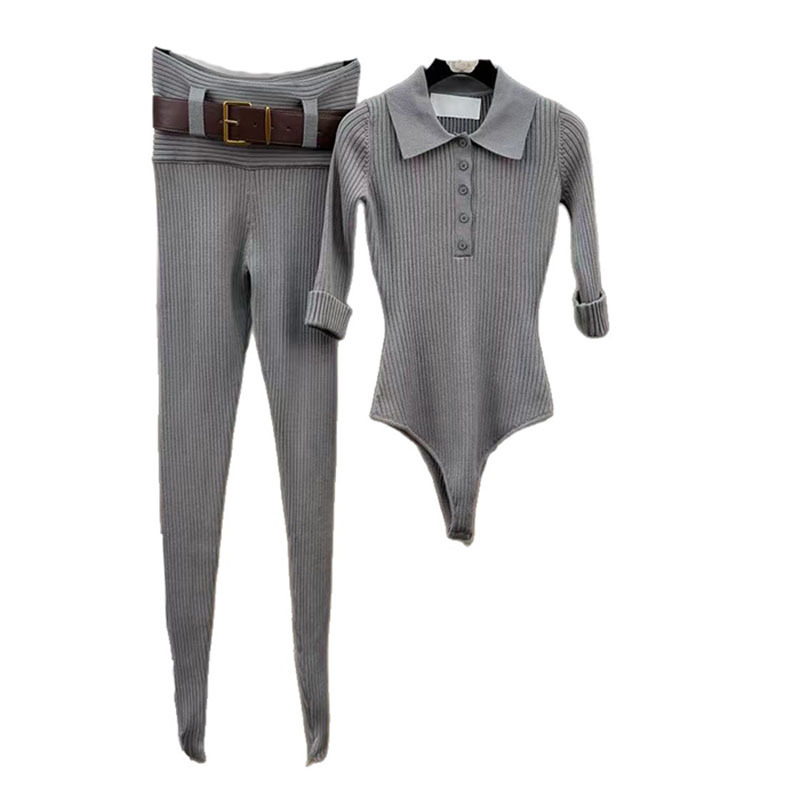 KUCLUT mode nouveaux articles coupe ajustée col rabattu tricot pull body pour femmes avec ceinture pieds Leggings femme 1A1984