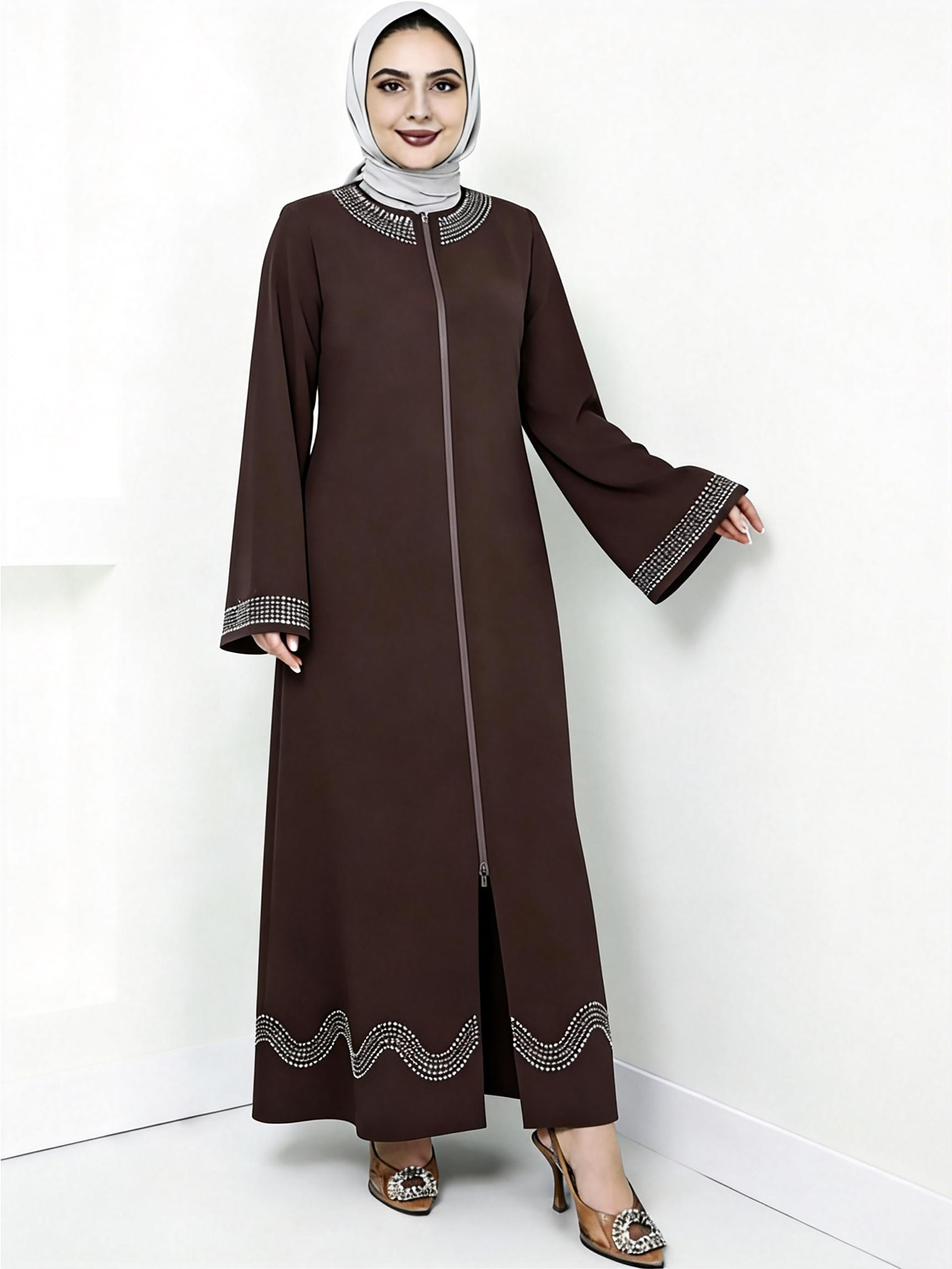 Robe arabe élégante, robe longue à manches longues avec strass, couleur unie, mode féminine du Moyen-Orient