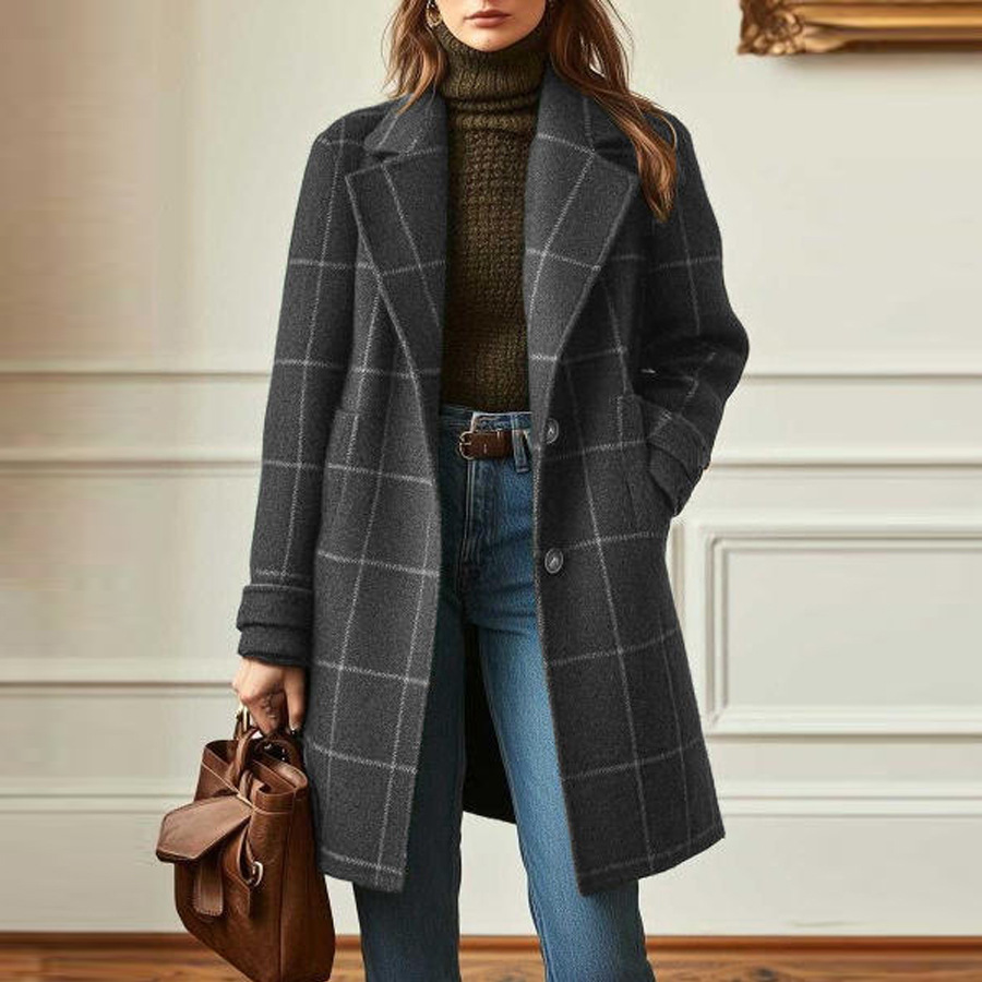 Manteau en laine pour femme 2026, style rétro à carreaux, décontracté et élégant, mi-long, avec revers, vêtements pour femme
