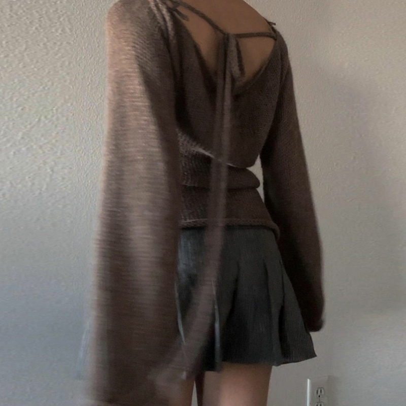 Pull tricoté à manches longues et col bateau pour femme, haut à nouer, dos nu, mode coréenne Y2K, Vintage, automne