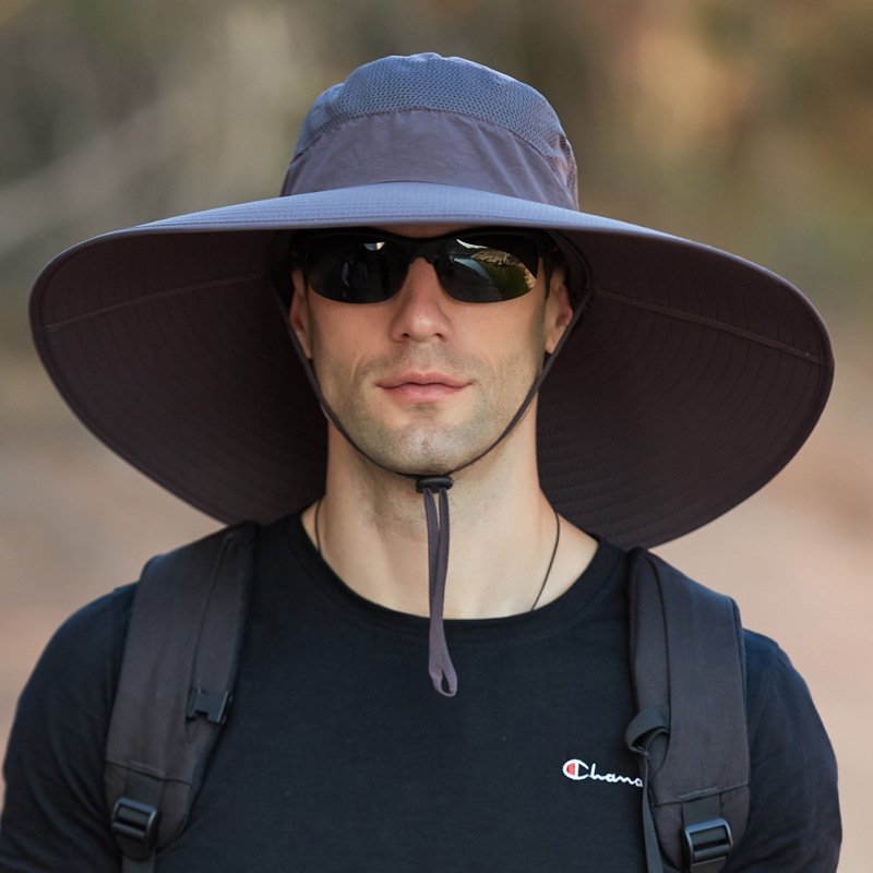 Chapeau de soleil pour homme à très large bord de 15 cm, UPF50+, pour grandes têtes (60-62 cm), imperméable, respirant, en maille, coupe-vent, avec sangle de menton, pour la pêche en extérieur
