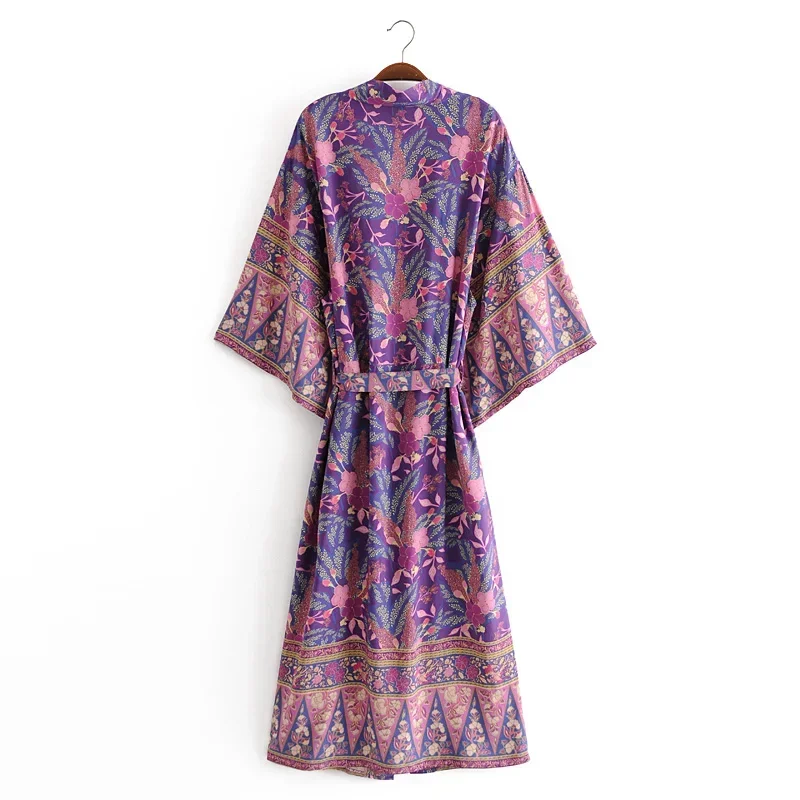 Kimono Vintage Chic pour femmes, imprimé Floral, ceinture, bohème, col en V, manches chauve-souris, rayonne, Maxi Robe, Cover-up