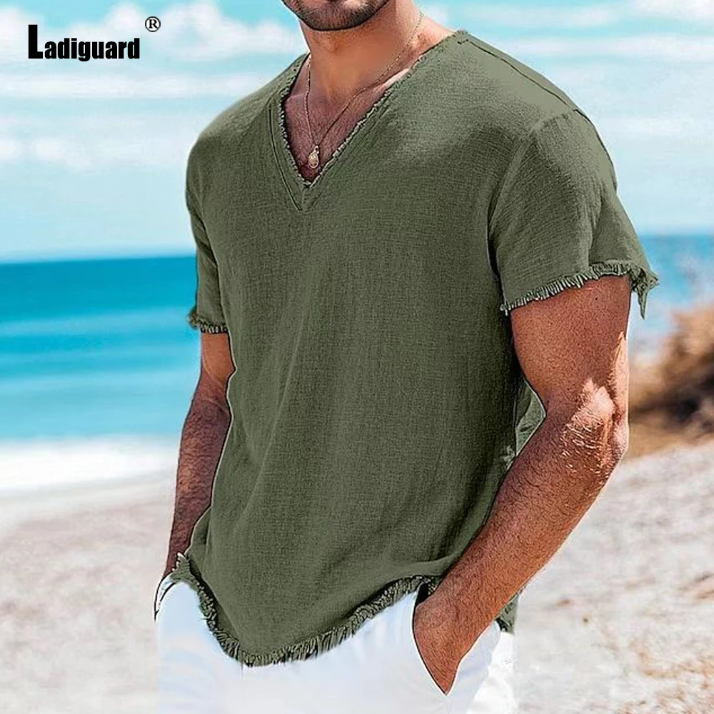 Chemises d'été rétro en coton et lin pour hommes, col en v, chemises de plage décontractées à manches courtes, hawaïennes, T-shirt personnalisé pour l'extérieur