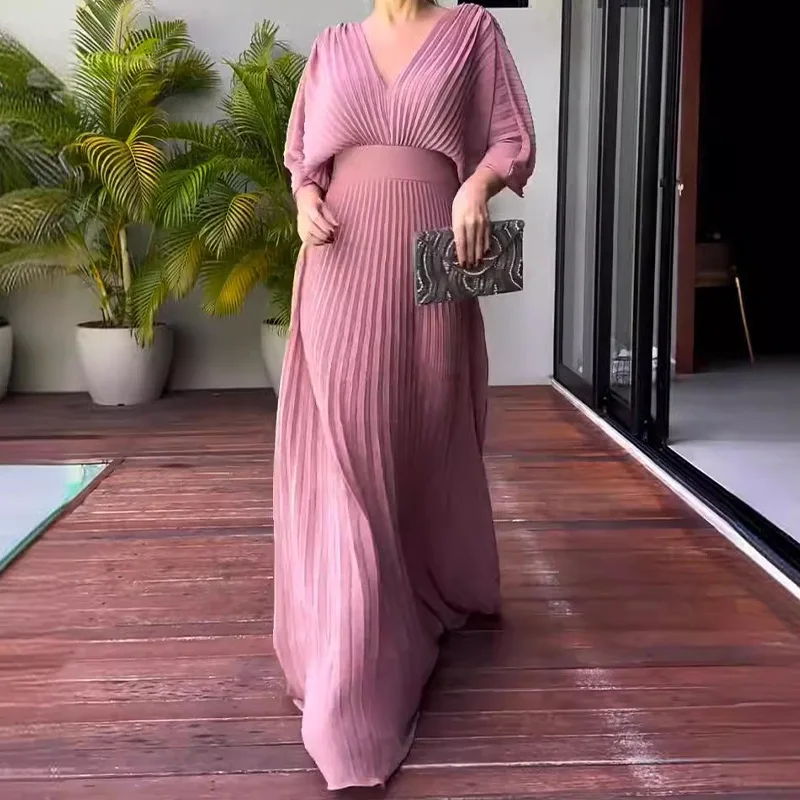 Robe taille haute à manches chauve-souris pour femmes, robe plissée décontractée, version coréenne, document solide, col en V, nouvelle mode, automne, éducatif, Y2k