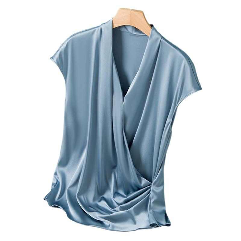Chemisier élégant en satin pour femme, chemisier de bureau sexy à col en V, chemises décontractées unies à manches courtes, hauts de soirée pour femme, printemps et été