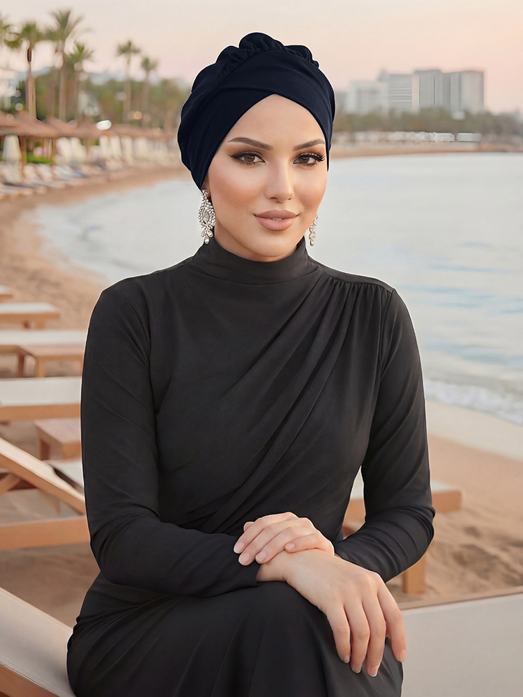 Hijab croisé en tricot pour femmes musulmanes, turban noir en polyester, foulard élégant et respirant pour la plage et les vacances quotidiennes