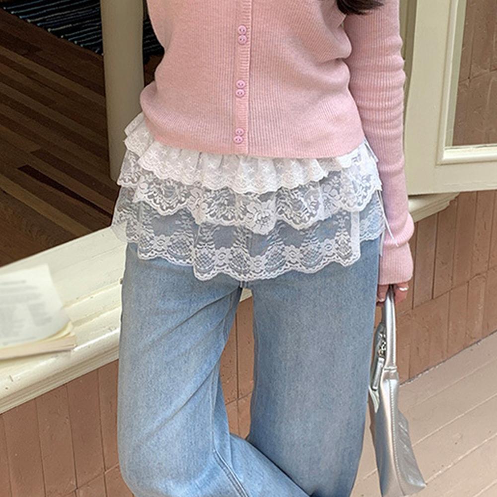 Jupe irrégulière en dentelle style coréen, motif floral blanc, en maille, pour femme, bas de tenue d'été, ourlet décoratif pour jeans