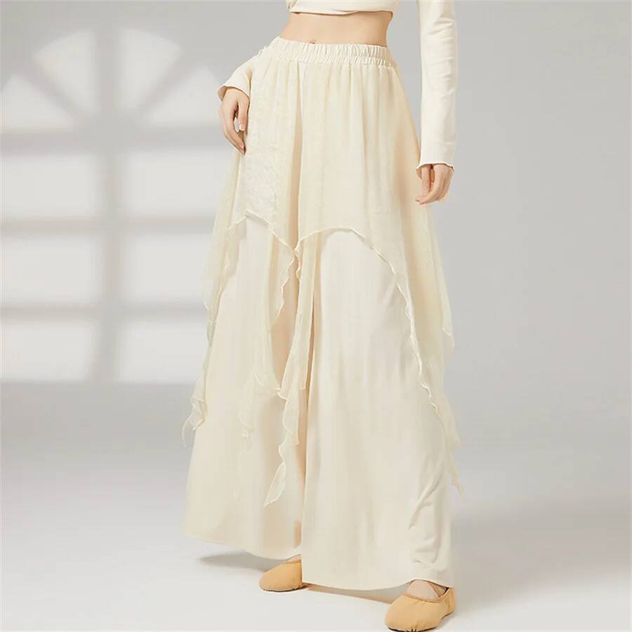 Pantalon de danse classique pour femme, en polyester, coupe large, taille irrégulière, élégant, avec voile, costume de danse moderne, pantalon de danse pour adulte