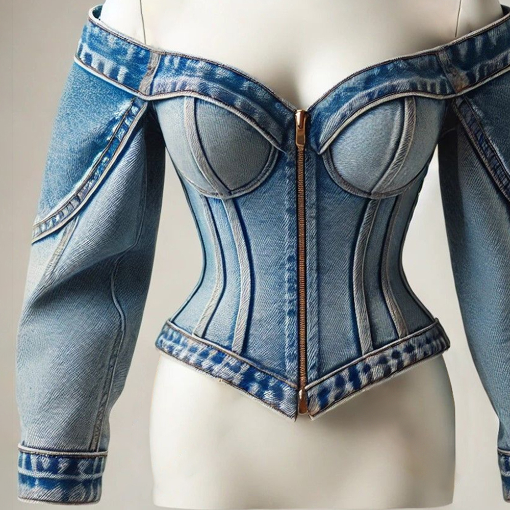 Veste en jean sexy pour femme, style corset, épaules dénudées, zippée, délavée vintage, coupe ajustée, manches longues, chic Y2K, streetwear, manteau d'extérieur