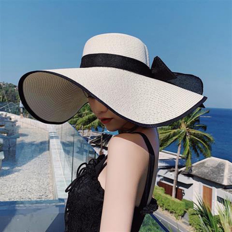 Chapeaux de paille de plage à large bord de 15CM pour femmes, chapeau de soleil Simple et pliable pour sortie d'été, mode Brom plat avec nœud papillon, Protection Uv Panama
