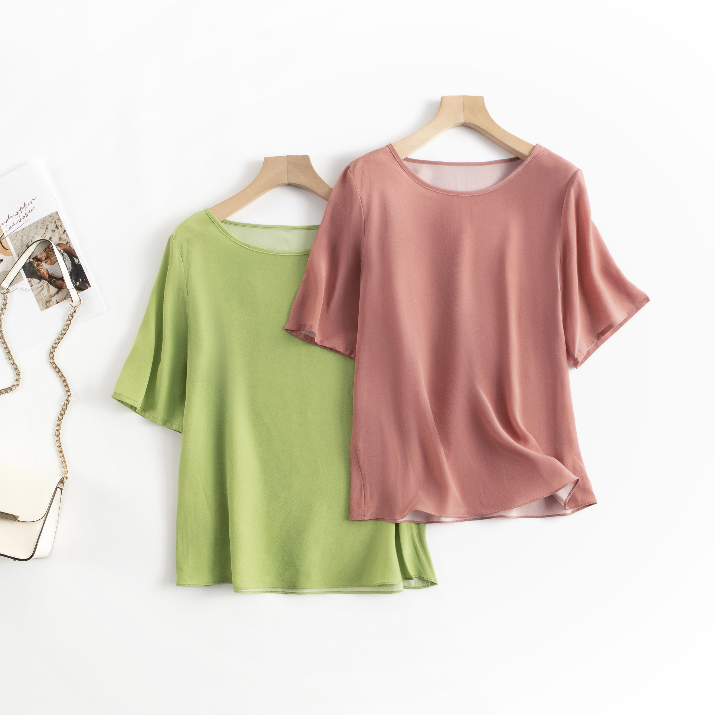 T-shirt d'été grande taille pour femme en 100% soie de mûrier crêpe de Chine, coupe ample, léger et fin – Offre spéciale