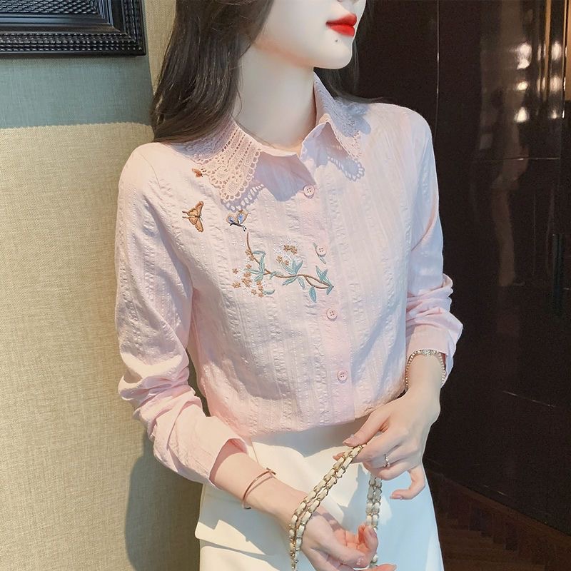 Broderie femmes printemps automne Blouses chemises dame décontracté à manches longues col rabattu couleur unie haut Blouse DF4775
