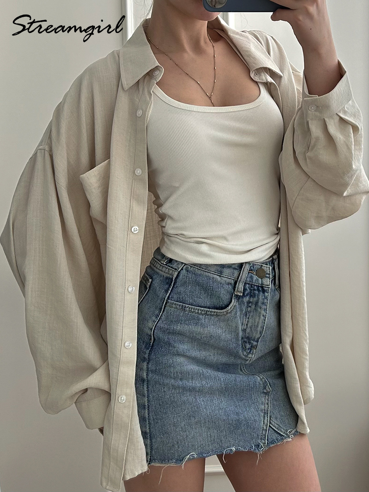 Chemises en lin bleues d'été pour femmes, hauts amples à manches longues, chemise verte pour femme, hauts basiques en lin pour le travail, chemises blanches pour femmes