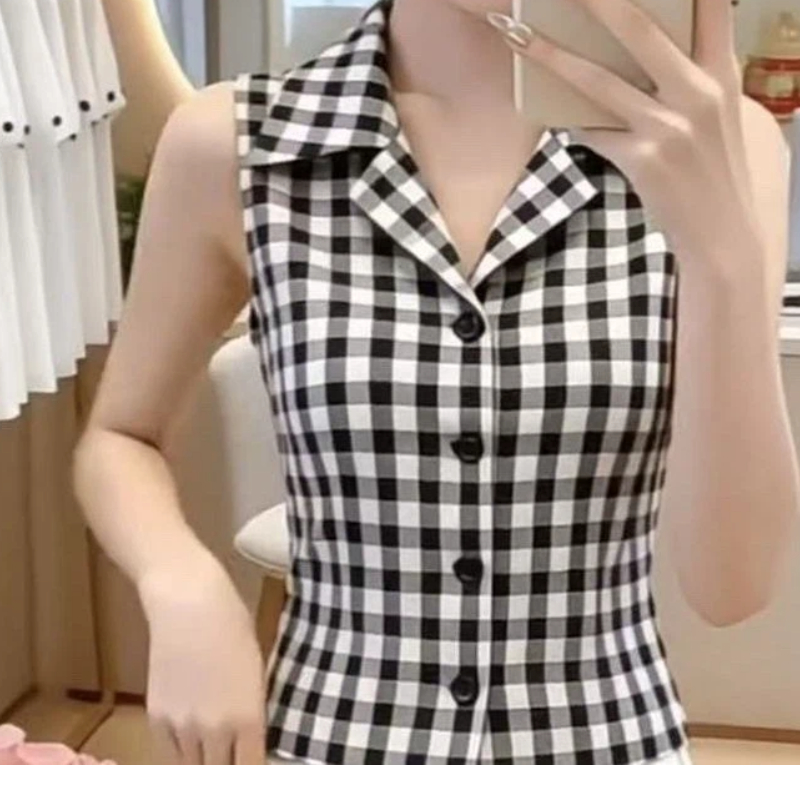 Nouvelle Collection Été Femme : Blouse Chic Sans Manches à Carreaux, Col Polo Boutonné, Coupe Slim, Tendance Mode