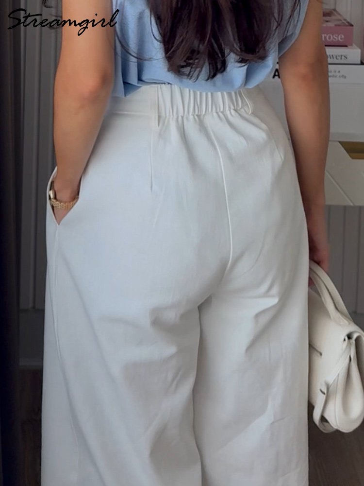 Pantalon blanc d'été pour femme en coton, taille haute, coupe large, élégant, pour le bureau