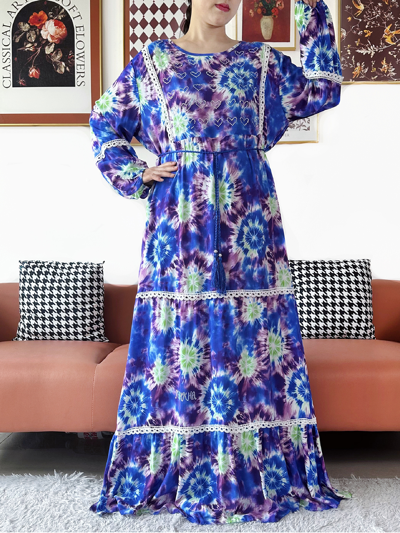 Nouvelle Robe de Soirée Kashkha pour Femme avec Grand Foulard, Abaya Florale en Coton, Boubou Africain, Kaftan Ample Musulman, Robe Longue pour le Ramadan