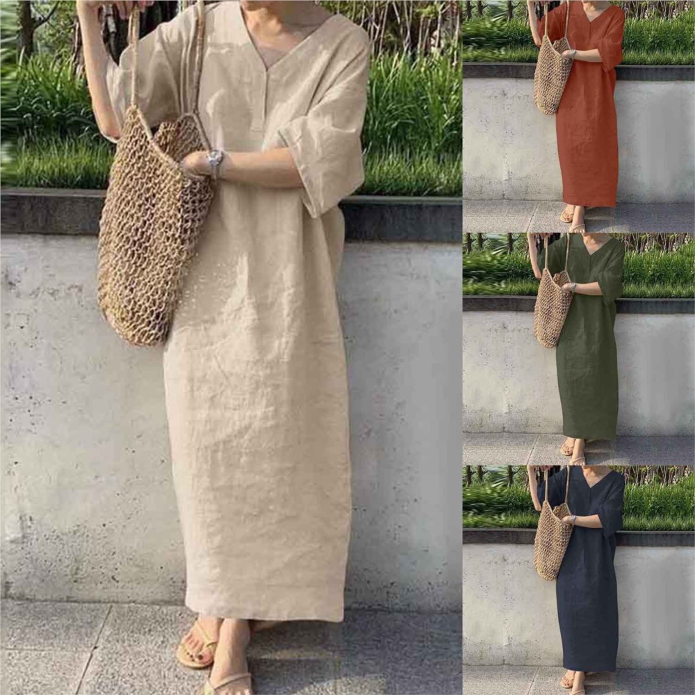 Robe longue en coton et lin pour femmes, manches courtes, col en v, couleur unie, décontractée, ample, vêtements élégants, été, 2024
