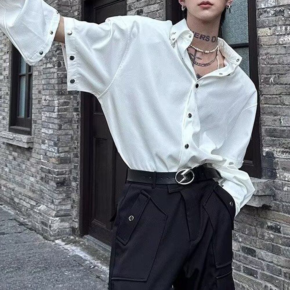 Printemps et été hommes couleur unie couture chemise à manches longues rétro mode tendance haute rue ample décontracté Niche hommes hauts