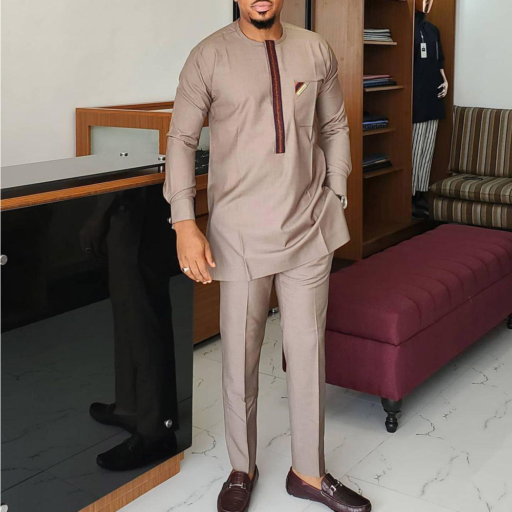 Hommes survêtements costumes ensemble caftan brodé à manches longues hauts pantalons 2 pièces ensemble tenues de mariage vêtements ethniques africains vêtements de sport