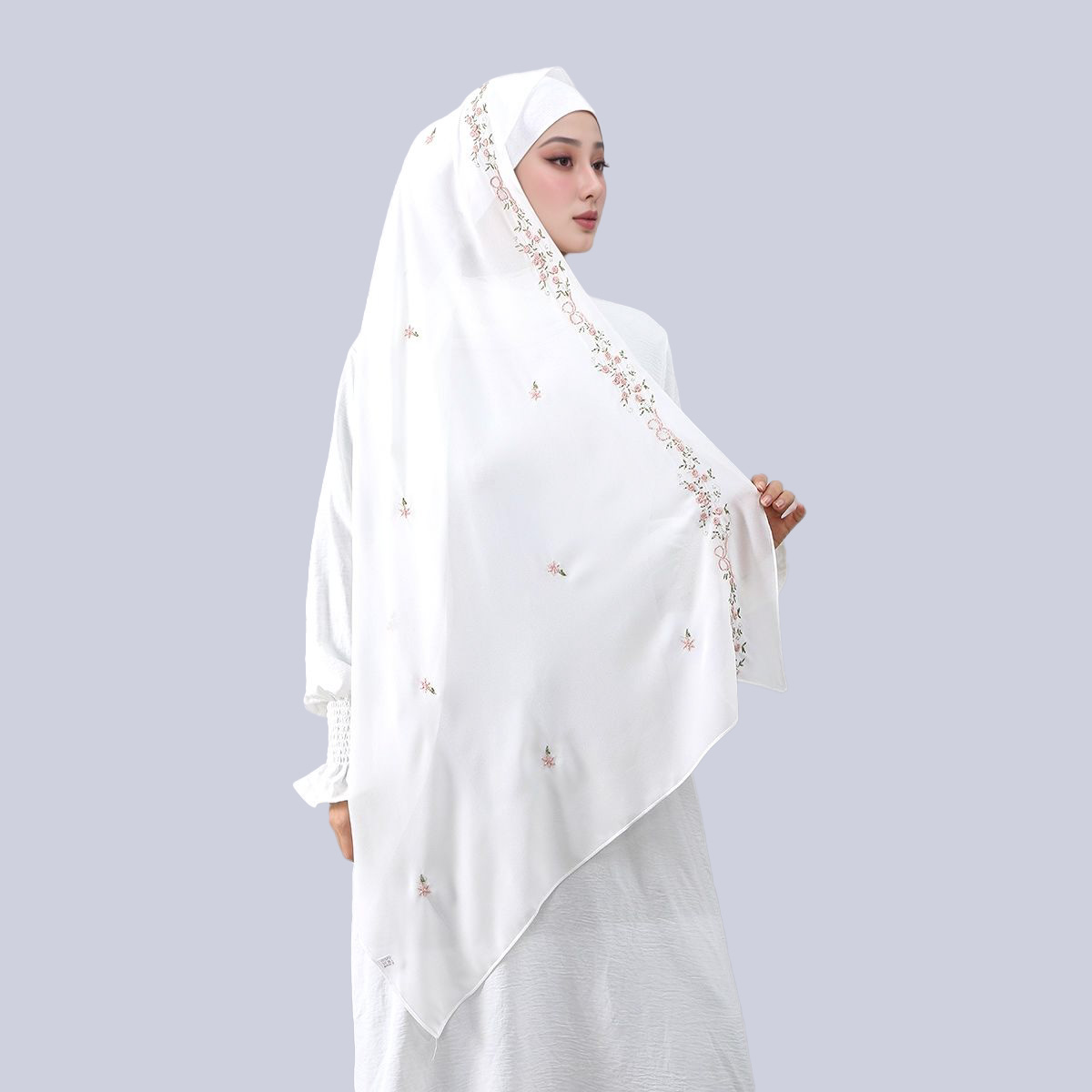 Hijab en Chiffon Brodé Tendance Musulmane, Longue Écharpe Florale pour Femme, Foulard Islamique Ramadan Uni, Turban, Voile de Tête 170*70cm