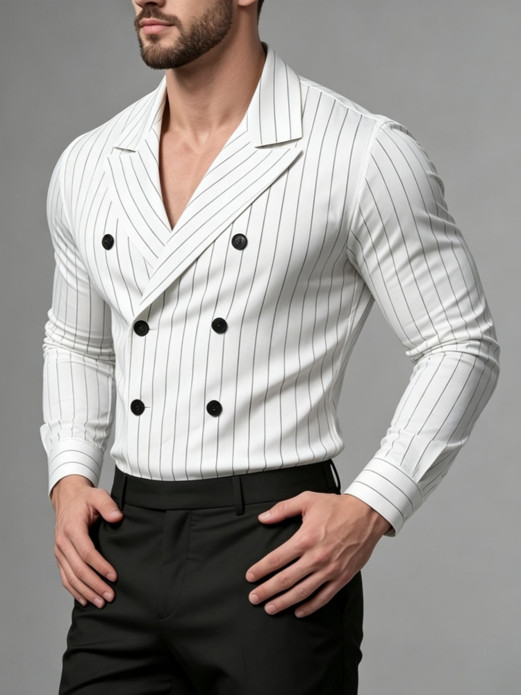Chemise de luxe à rayures verticales pour homme, col à revers, col en V profond, manches longues, coupe ajustée, pour mariage, club, affaires, tenue formelle
