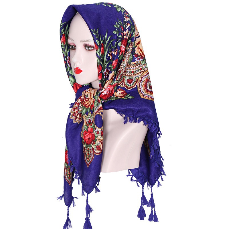 Foulard carré russe 90x90cm à franges courtes pour femme, imprimé floral de luxe, bandana, châle, foulard de tête, couvre-chef féminin