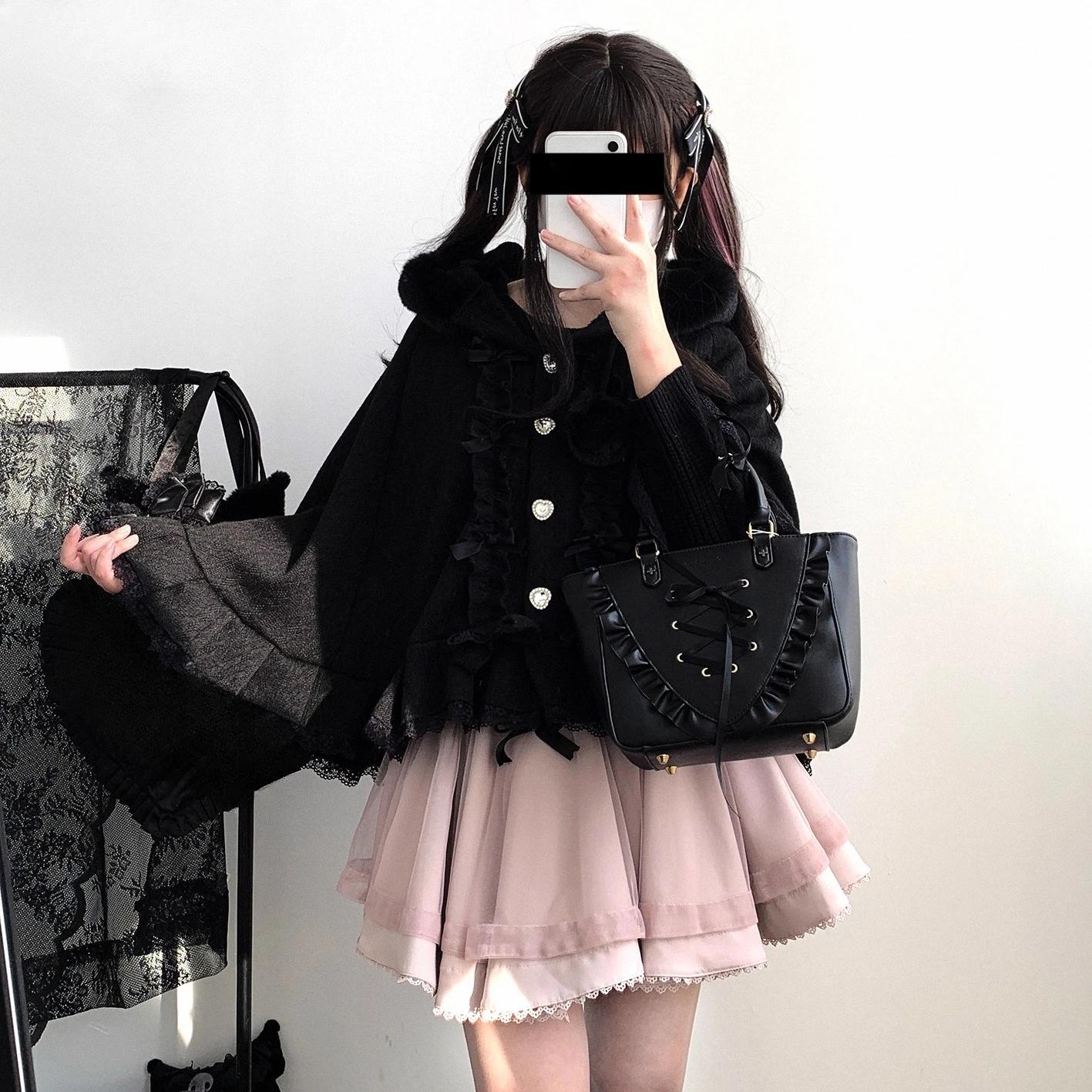 Japonais Lolita doux Kawaii Capes manteau femmes garder au chaud arc volants doux à capuche Ponchos Viange vêtements d'extérieur automne hiver vêtements