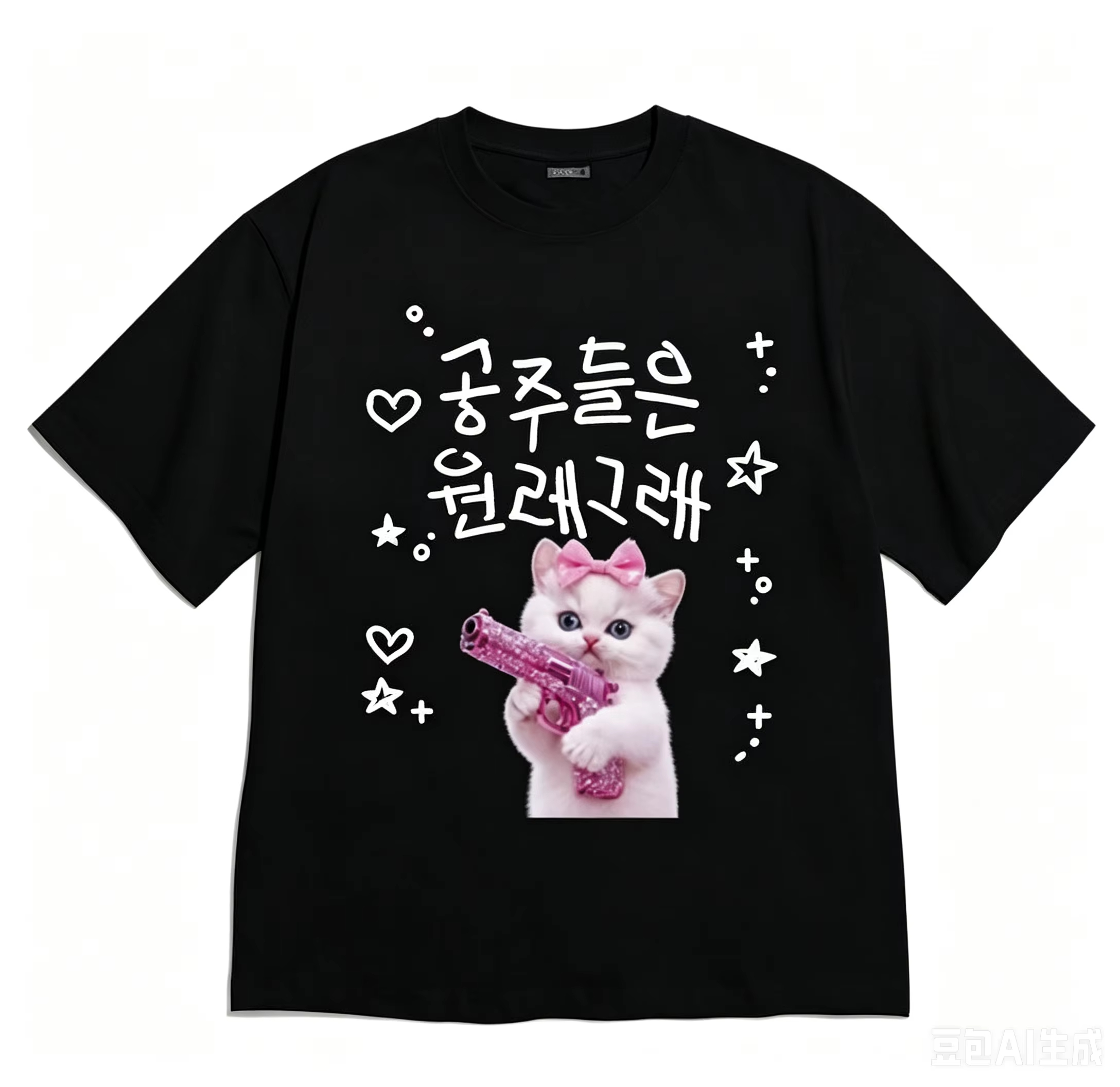 T-shirt décontracté à manches courtes style coréen, polyvalent, rétro, motif chat mignon avec pistolet rose et texte coréen, vêtements esthétiques blancs.