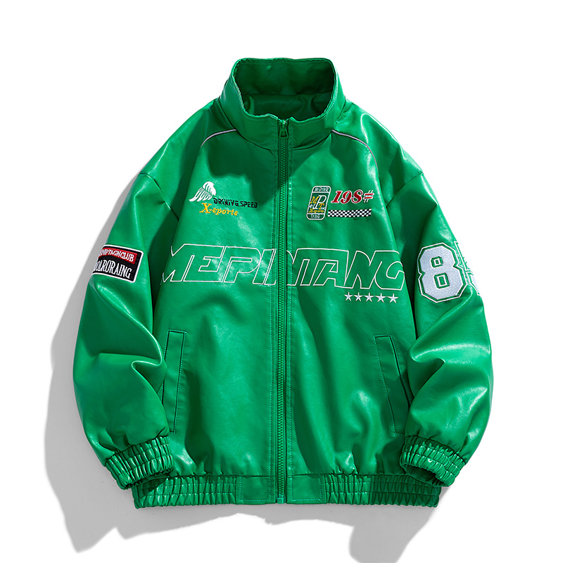 Veste de moto en cuir PU pour homme, manteau de motard rétro, coupe-vent hip hop, broderie de lettres, mode de rue, noir, blanc, vert