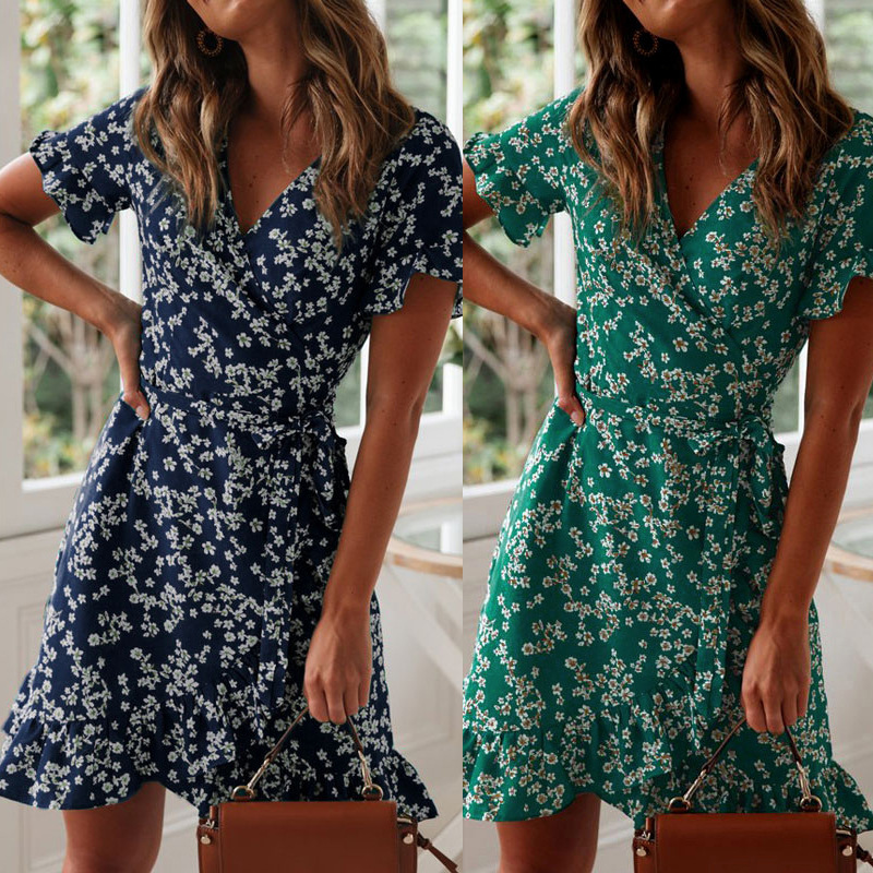 Boho imprimé fleuri volants femmes robe 2022 été Sexy col en V à manches courtes une ligne en mousseline de soie Mini robes plage vacances robe d'été