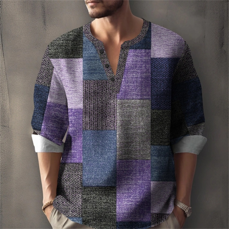 Chemise à manches longues pour homme pour les vacances d'été, avec un imprimé géométrique bicolore et un col Henley ; Chemise élégante pour homme.