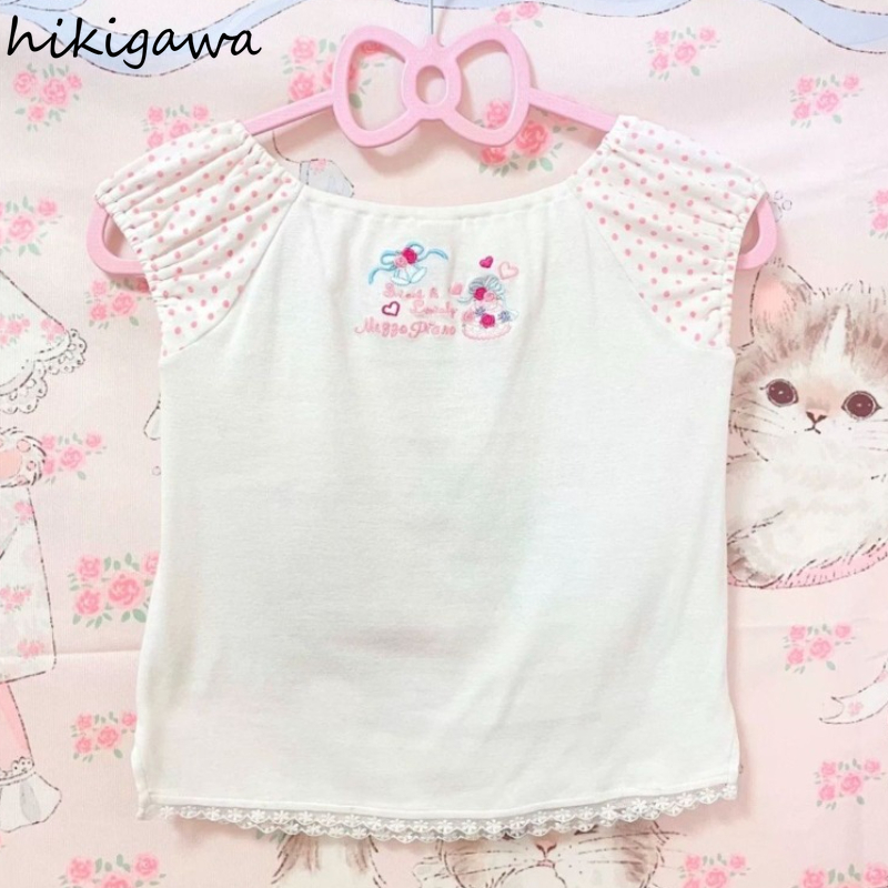 Été femme T-shirt mignon Y2k culture hauts 2025 Ropa Mujer japonais doux Camisetas à pois broderie décontracté mode t-shirts