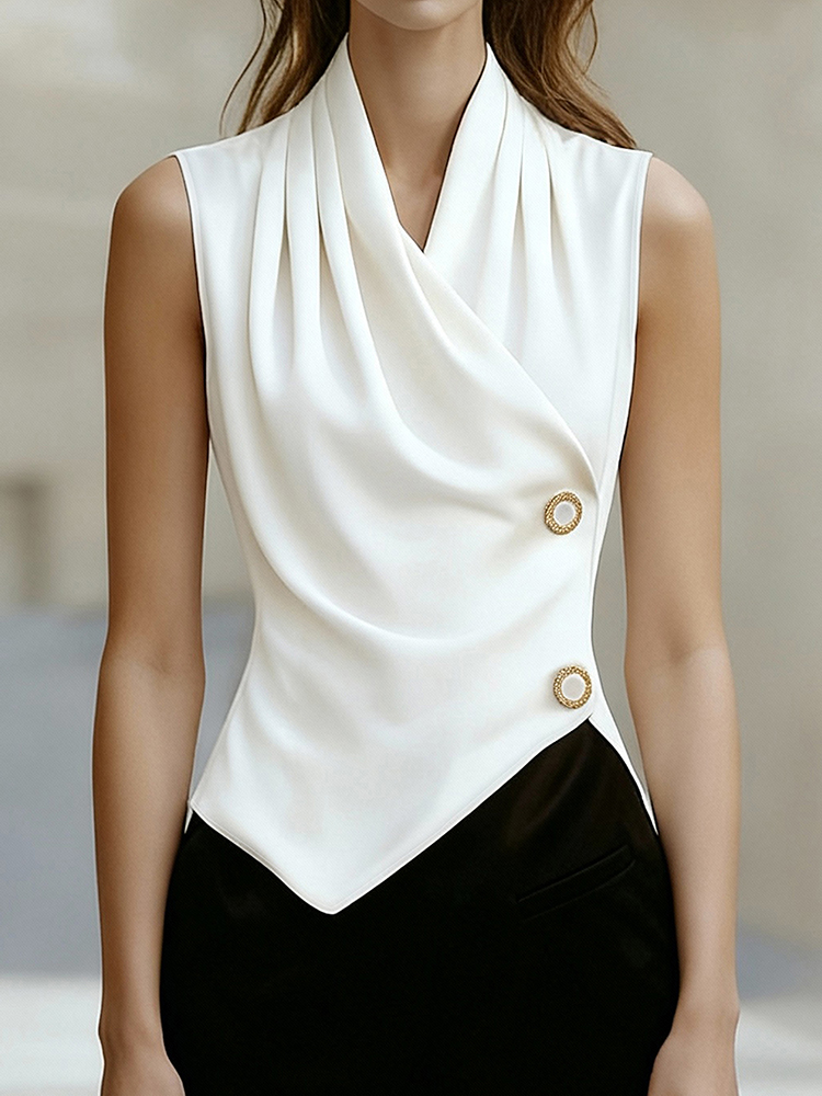 Charme simple et élégant, sensation haut de gamme, ourlet irrégulier, encolure plissée, haut sans manches à col en V, vêtements pour femmes