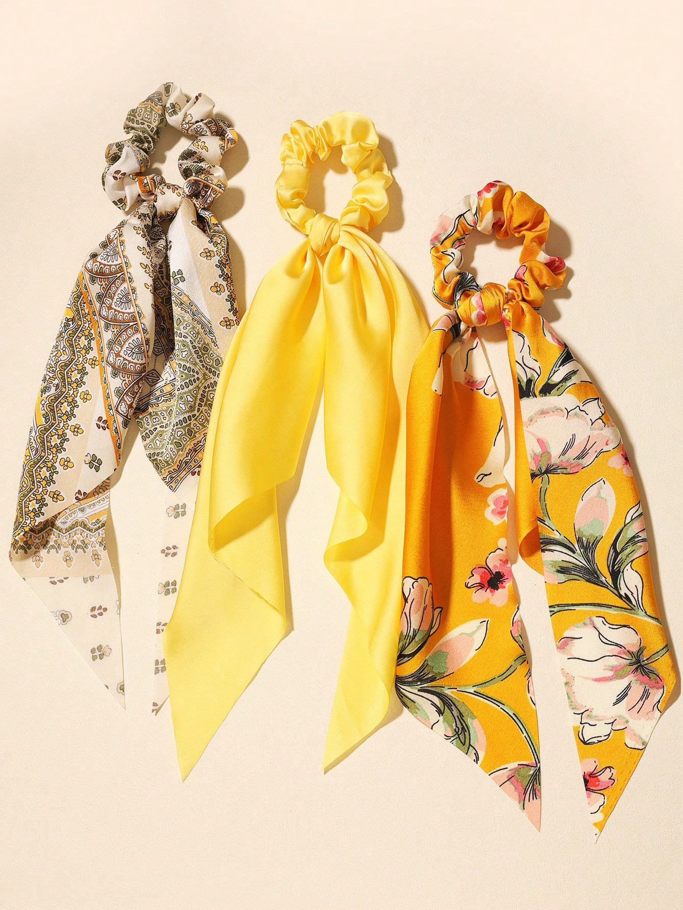 Bandana triangulaire en Satin imprimé artistique, nouveau Style, couleur unie, accessoires pour foulards longs, porte-queue de cheval, attaches pour cheveux, 3 pièces