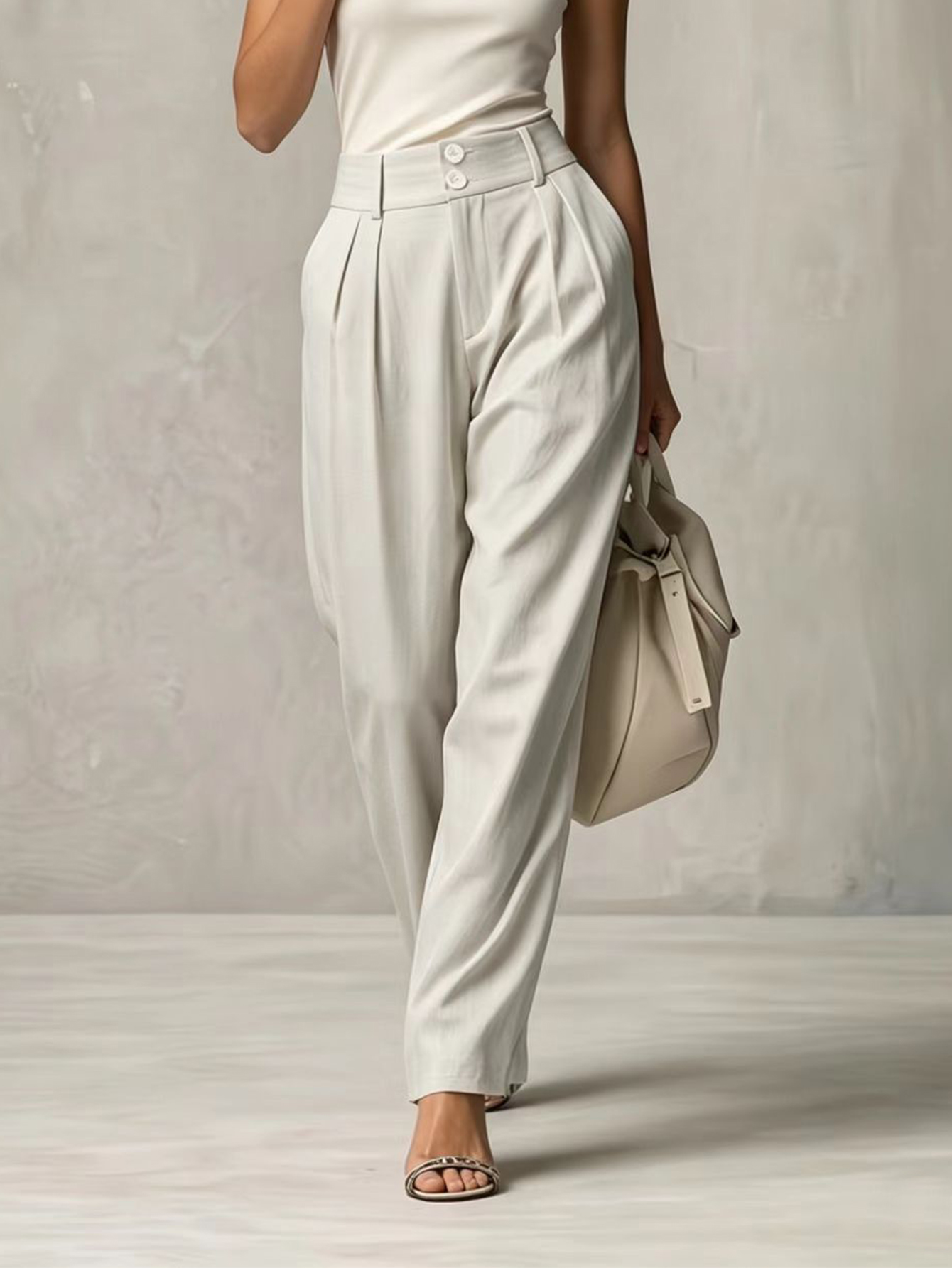 Style polyvalent et simple pour les trajets quotidiens, taille élastique à double bouton, coupe ample, amincissant, fin et élégant, décontracté, pour tous les jours, pour le lieu de travail, intellectuel, couleur unie,
