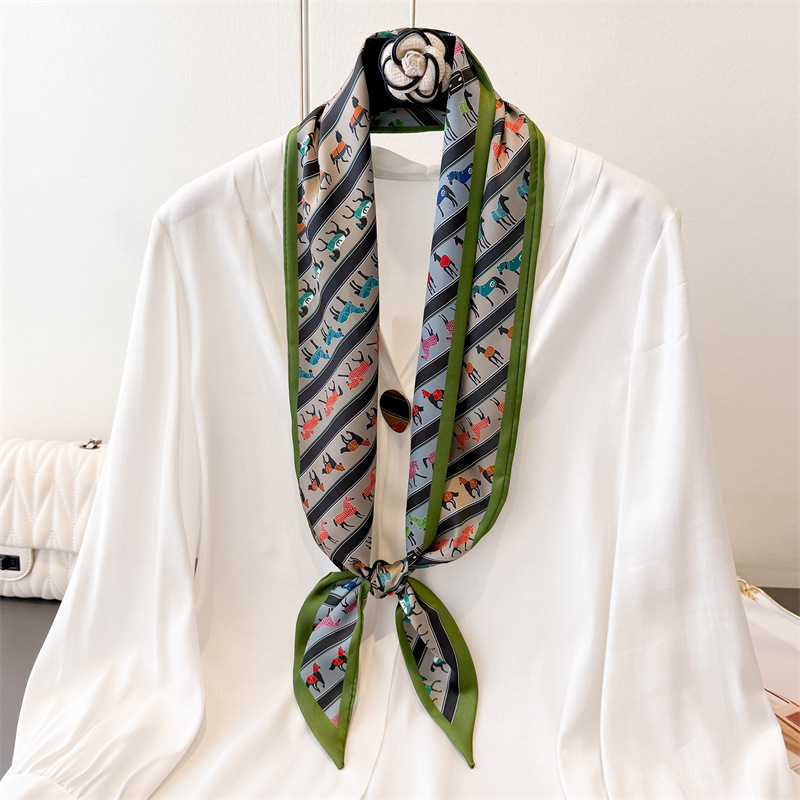 Nouvelle écharpe imprimée double couche, foulard décoratif en soie, accessoire polyvalent pour les trajets quotidiens, attache de cheveux diagonale estivale, ceinture étroite