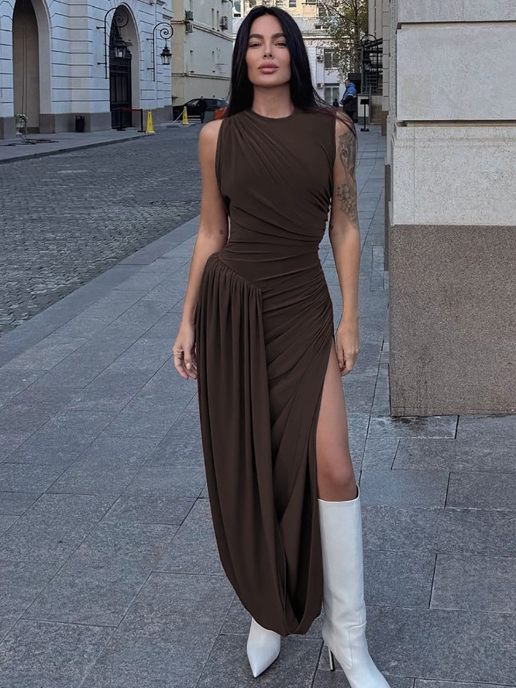 Robe longue froncée à col rond pour femme, vêtement sans manches, fente haute, Streetwear Y2K, taille haute, couleur unie, robes de soirée de vacances