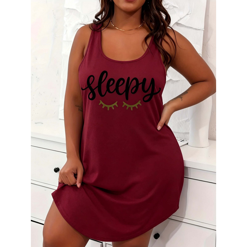 Vêtements de nuit décontractés pour femmes grandes tailles, robe de nuit droite à col rond et ourlet incurvé avec imprimé lettres, vêtements d'intérieur frais d'été pour grandes tailles