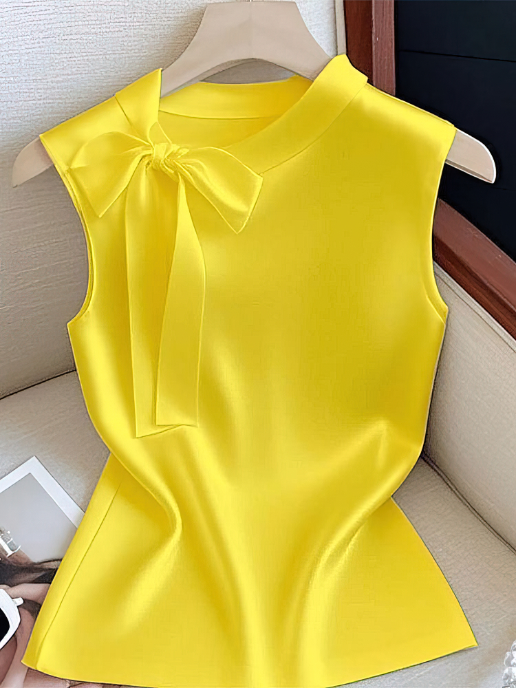 Élégant nœud noué soie Satin épaules dénudées haut sans manches femmes débardeur de base taille haute dame bureau décontracté recadrée t-shirt