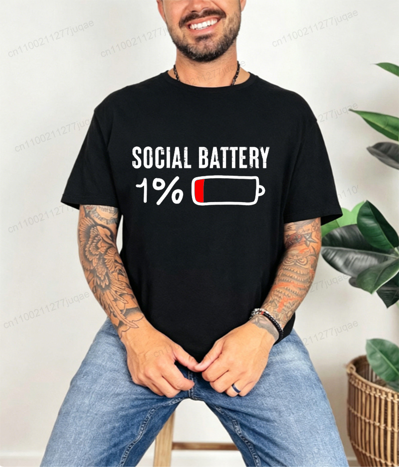T-shirt pour hommes Social Battery 1 Percent Funny Introvert, vêtements décontractés, vêtements vintage surdimensionnés, tendance