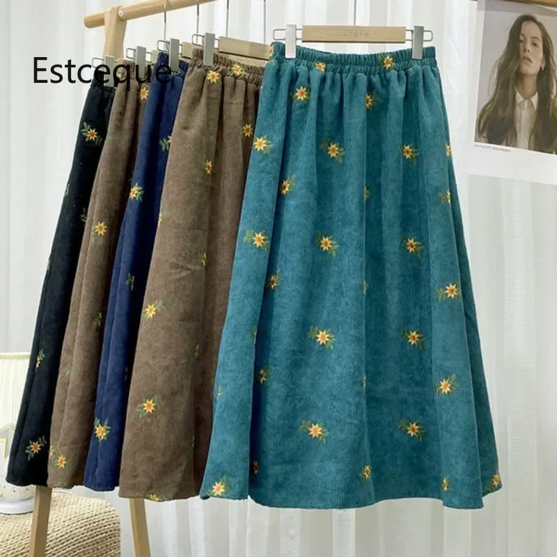 Jupes en velours côtelé brodées pour femmes, nouvelle collection automne-hiver, jupes florales à taille haute, amincissantes, mi-mollet pour femme