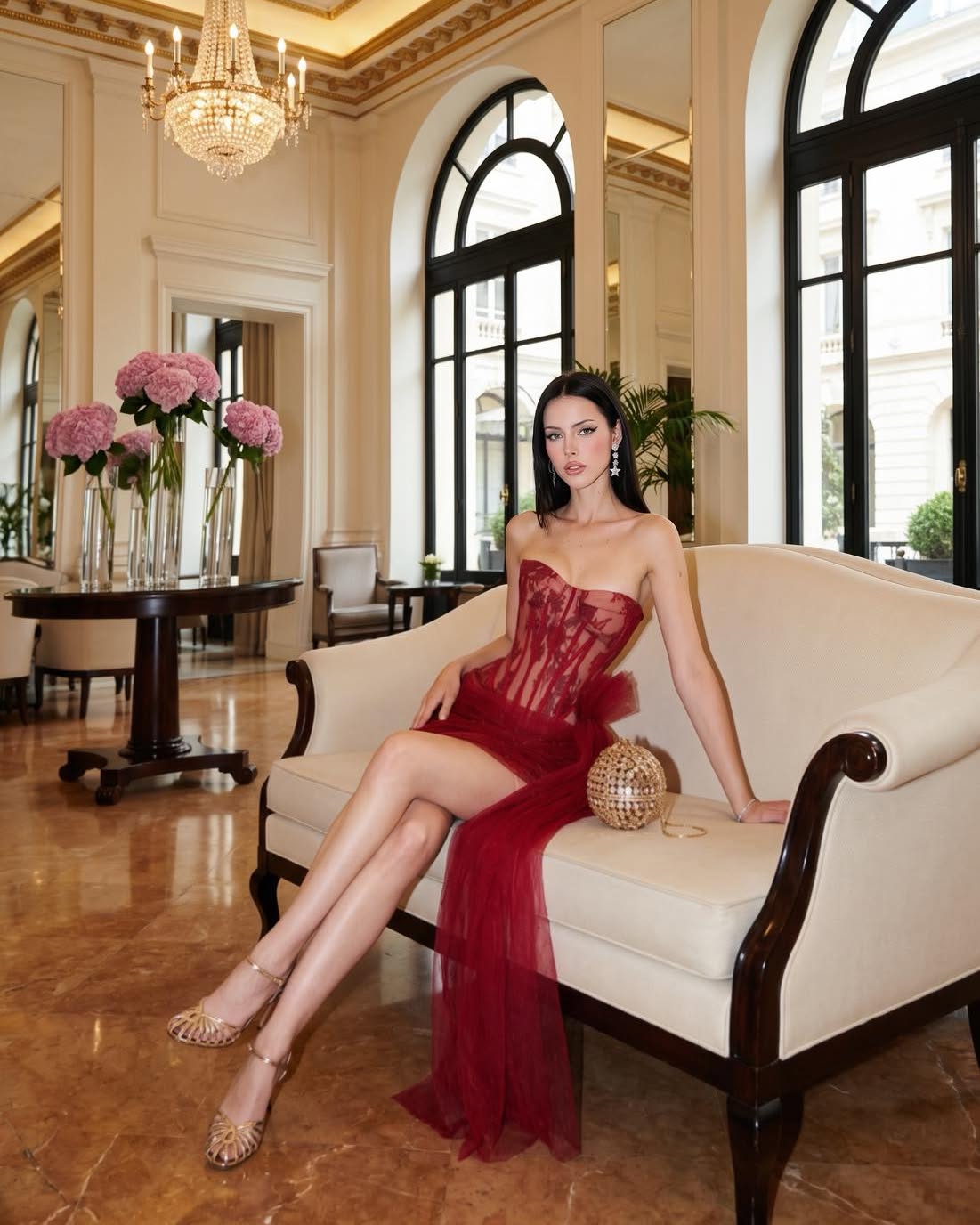 Robe de soirée courte en tulle et dentelle bordeaux pour femmes, sans bretelles, avec corsage transparent, jupe plissée et longue traîne fendue, robe de cérémonie pour mariage.