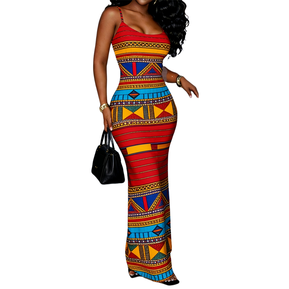 Robe longue décontractée d'été pour femme, élégante, à fines bretelles, en polyester, style africain Ankara, cintrée à la taille