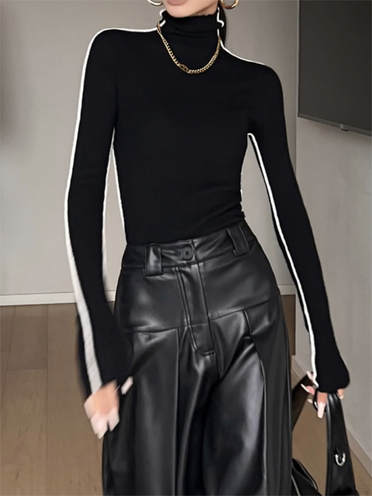 Mode col haut T-shirt femmes automne hiver à la mode couleur bloquant Slim Fit hauts femme Base simplicité à manches longues hauts
