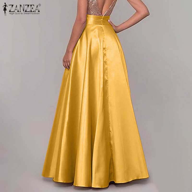 ZANZEA Jupes longues de soirée en satin pour femmes, élégantes, taille haute, fermeture éclair au dos, coupe trapèze, jupes longues élégantes pour cocktail, Faldas Mujer
