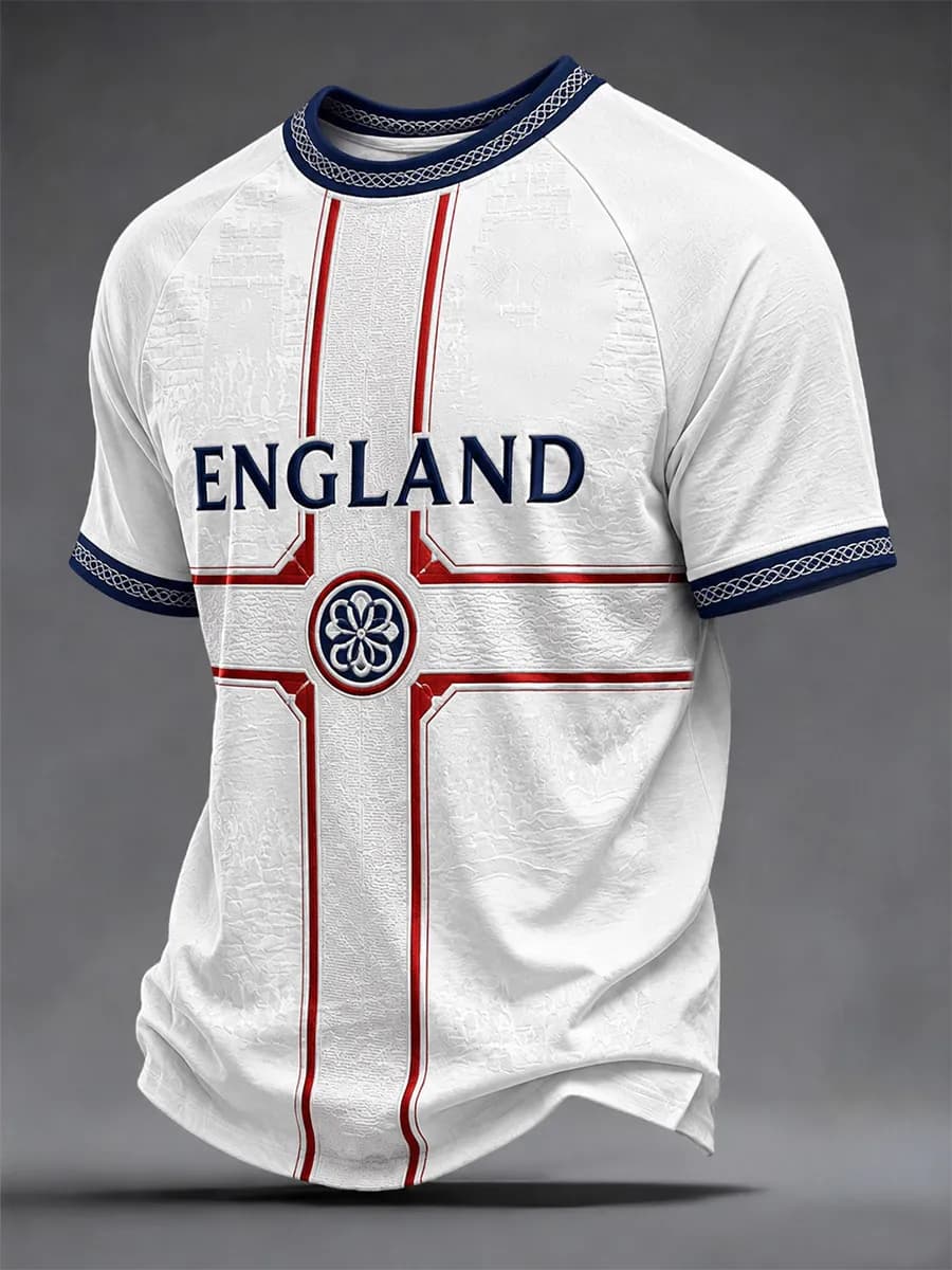 Nouveau Maillot de Foot Homme Angleterre 2026 Col Rond Manches Courtes Rayures Bleu Marine Col et Poignets Rayés T-shirt Sportif National pour Fans